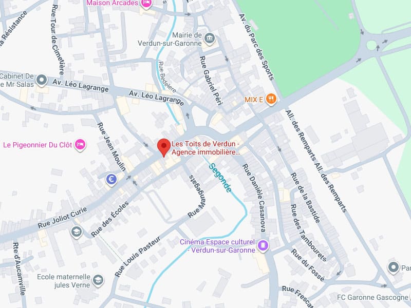 Carte : Agence Les Toits de Verdun - Plan Local Carte de Verdun-sur-Garonne centrée sur l'agence immobilière Les Toits de Verdun, près de l'Av. Léo Lagrange et de la Rue Jean Moulin.